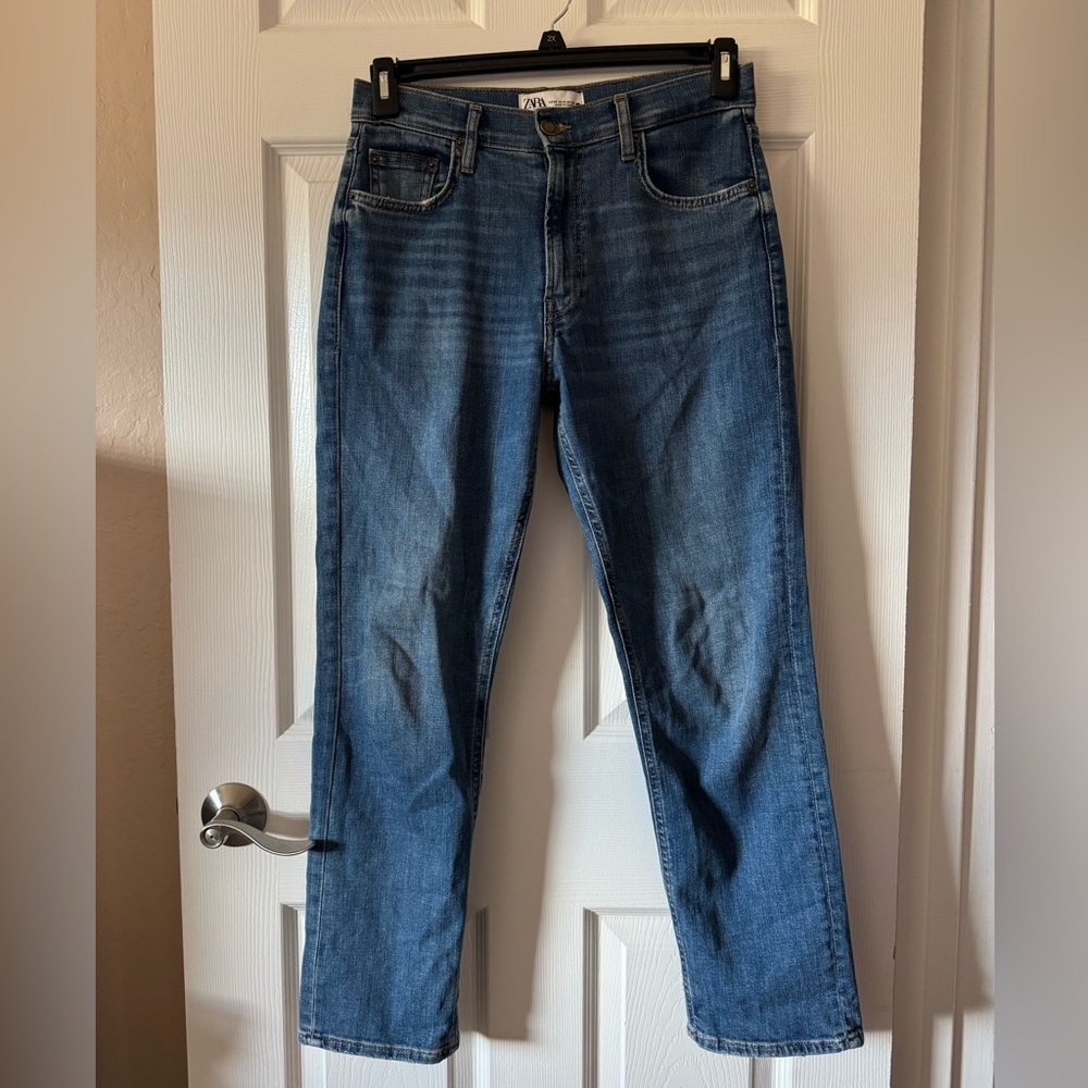Zara High-Rise Straight Leg Jeans in Medium Blue